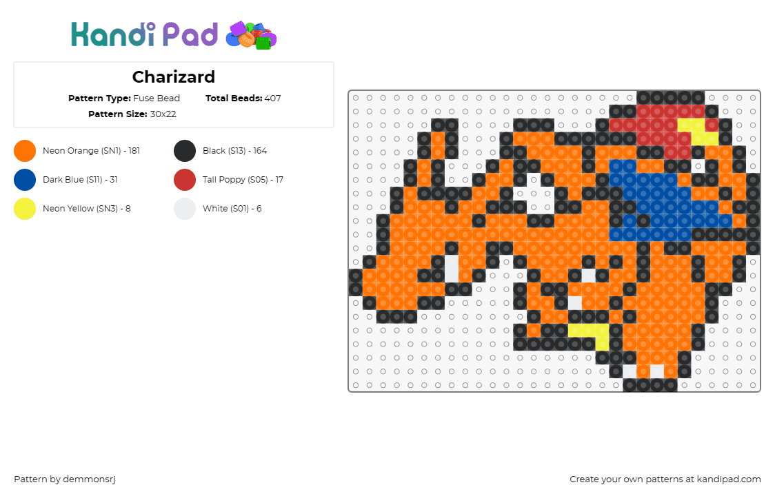 Charizard - Fuse Bead Pattern by demmonsrj on Kandi Pad - charizard,pokemon,charmander,charmeleon,fire type,dragon,game,nostalgia,creature