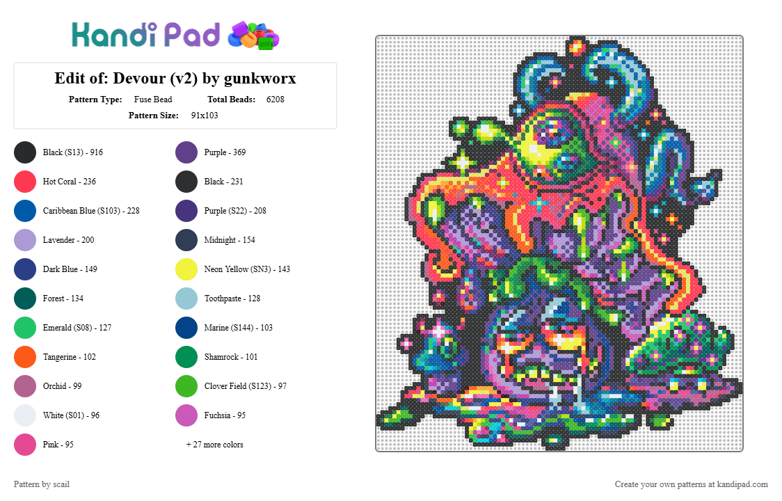 Edit of: Devour (v2) by gunkworx - Fuse Bead Pattern by scail on Kandi Pad - blue, colorful, green, red