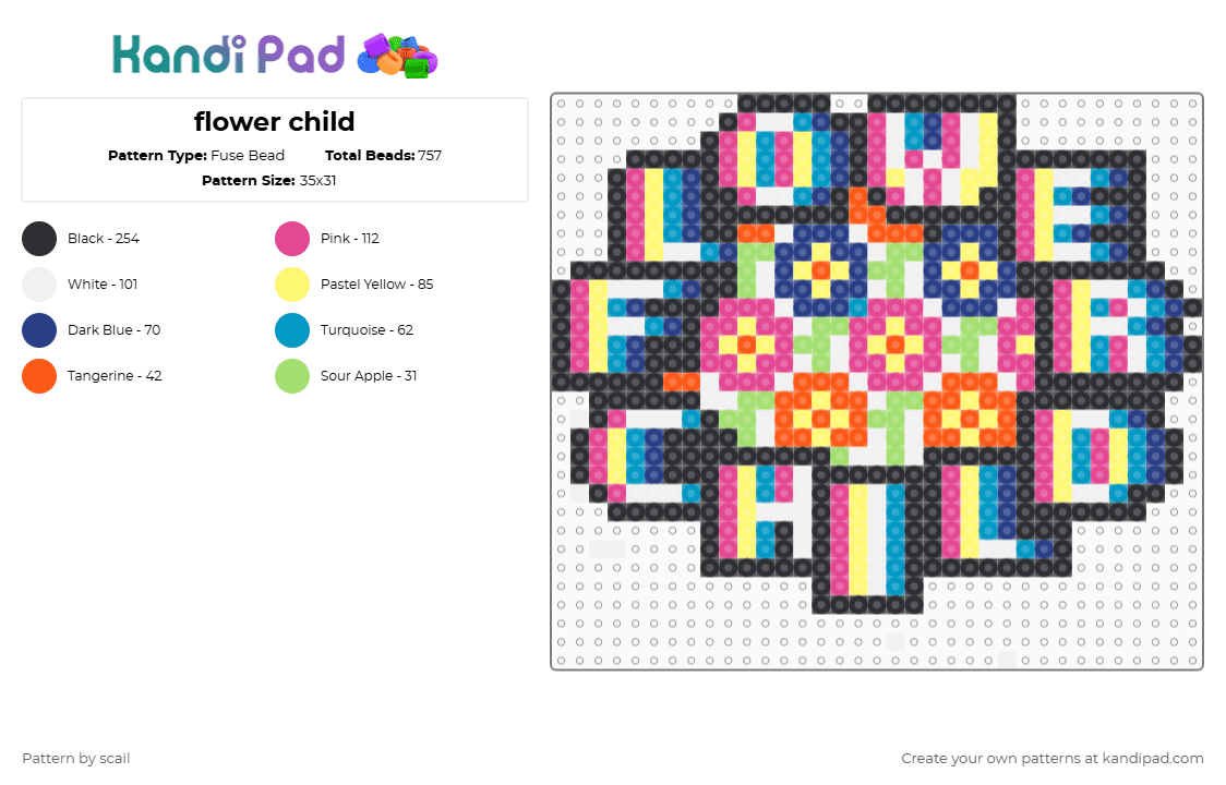 flower child - Fuse Bead Pattern by scail on Kandi Pad - flower child,trippy,text,psychedelic,sign,flower,child,plant,nature,yellow,light blue,blue,pink