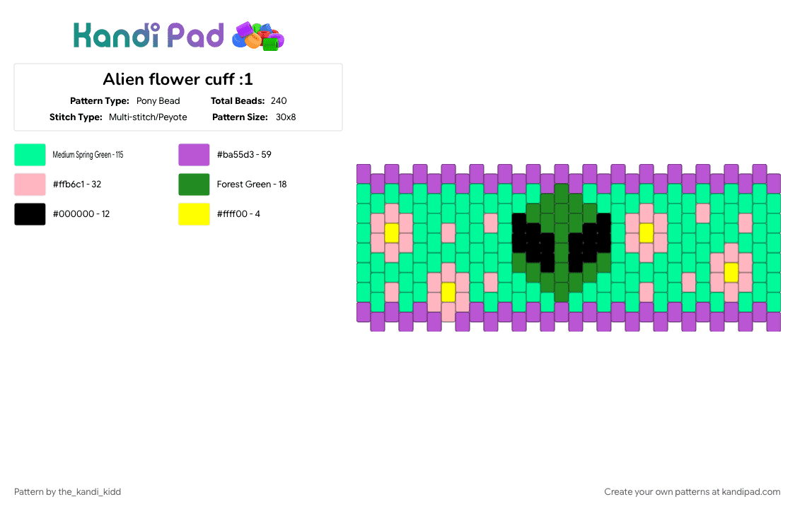 Alien flower cuff :1 - Pony Bead Pattern by the_kandi_kidd on Kandi Pad - alien, flowers, pink, teal