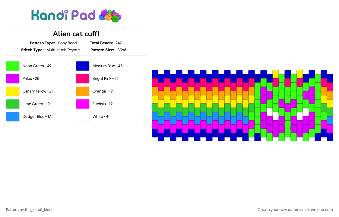 Alien cat cuff! - Pony Bead Pattern by the_kandi_kidd on Kandi Pad - alien, cat, green, pink, purple