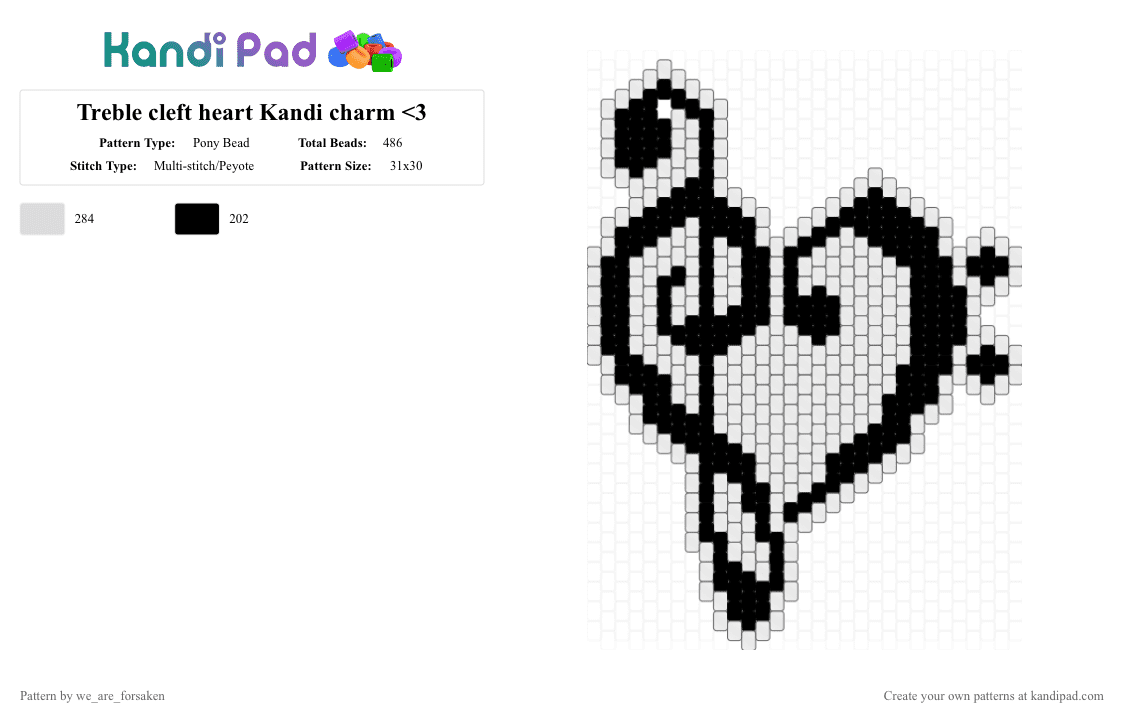 Treble cleft heart Kandi charm - Pony Bead Pattern by we_are_forsaken on Kandi Pad - white,black