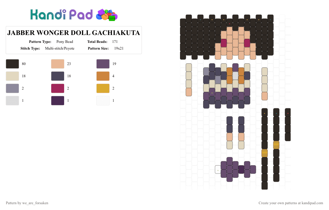 JABBER WONGER DOLL GACHIAKUTA - Pony Bead Pattern by we_are_forsaken on Kandi Pad - anime, beige, black, gachiakuta, jabber wonger, pink, purple, raider