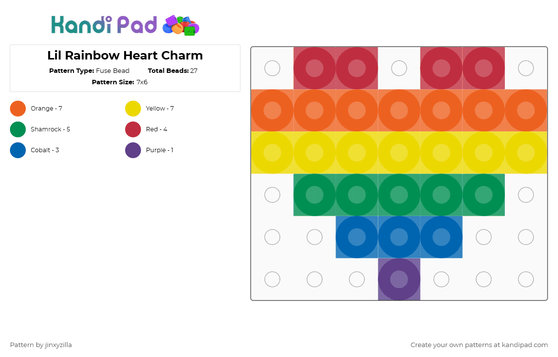 Lil Rainbow Heart Charm - Fuse Bead Pattern by jinxyzilla on Kandi Pad - orange,yellow,green,heart,charm,pride,rainbow