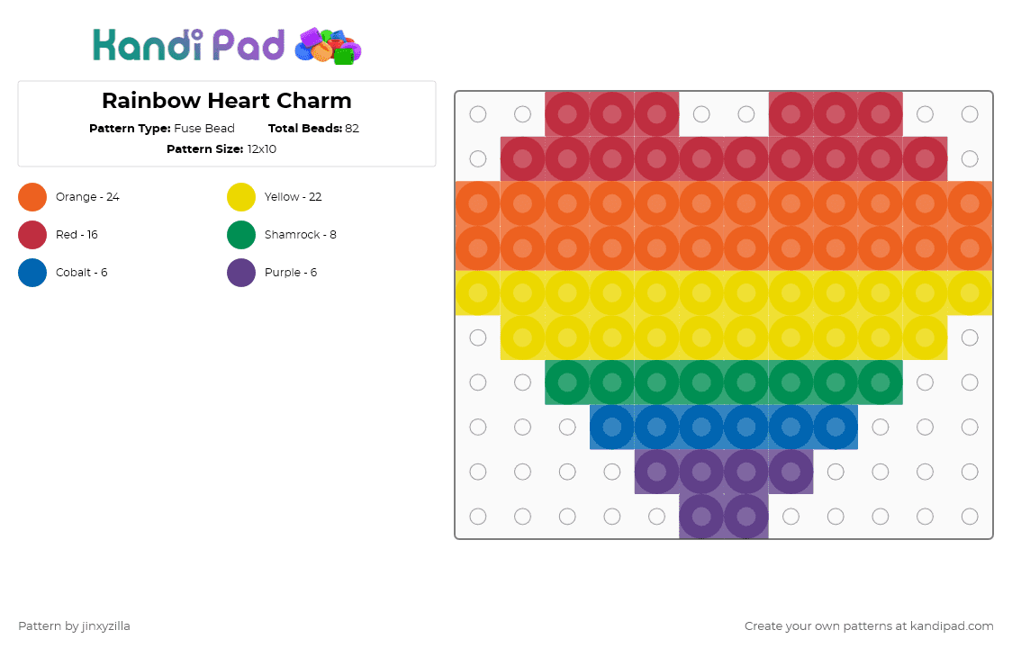 Rainbow Heart Charm - Fuse Bead Pattern by jinxyzilla on Kandi Pad - red,orange,yellow,charm,heart,pride,rainbow