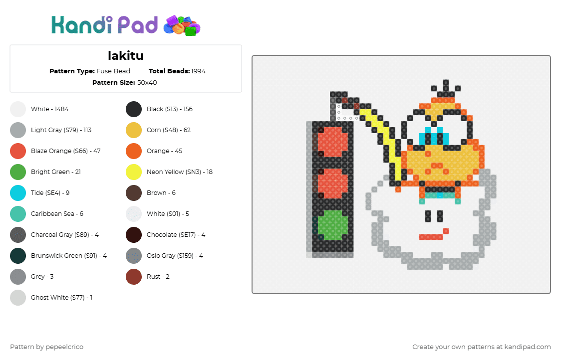 lakitu - Fuse Bead Pattern by pepeelcrico on Kandi Pad - white,gray,orange,colorful