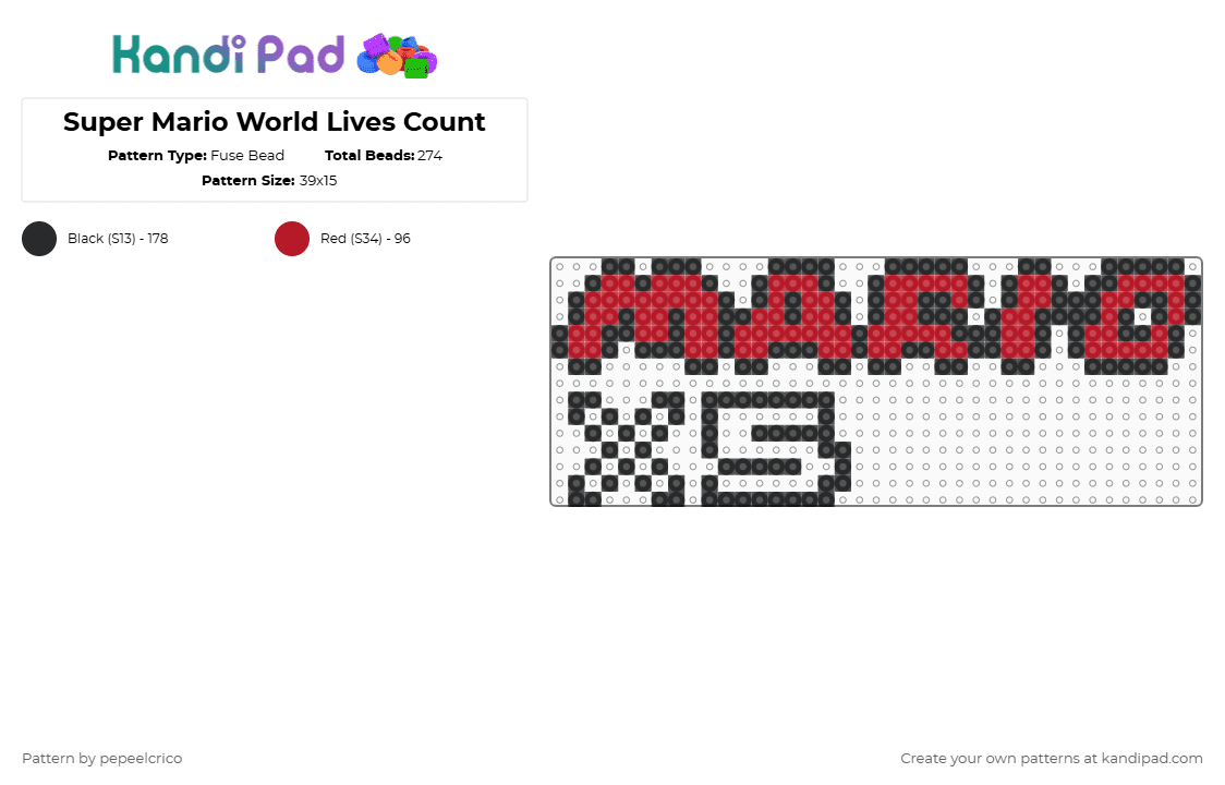 Super Mario World Lives Count - Fuse Bead Pattern by pepeelcrico on Kandi Pad - black,red,super mario world