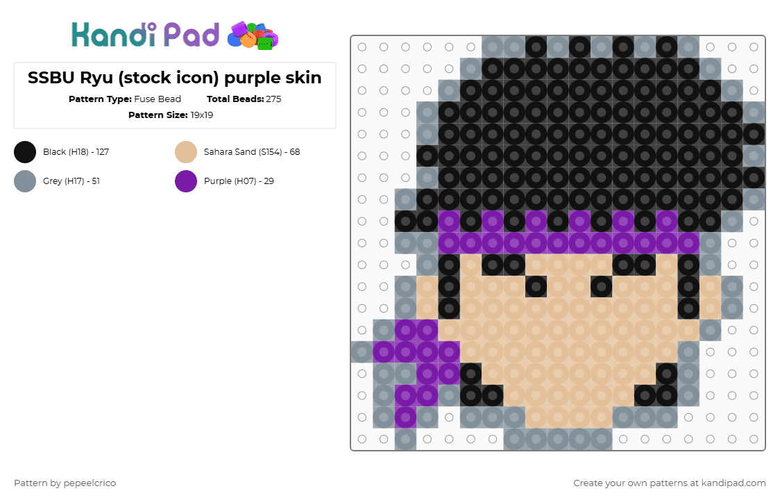 SSBU Ryu (stock icon) purple skin - Fuse Bead Pattern by pepeelcrico on Kandi Pad - beige,gray