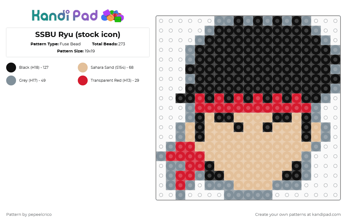 SSBU Ryu (stock icon) - Fuse Bead Pattern by pepeelcrico on Kandi Pad - beige,gray