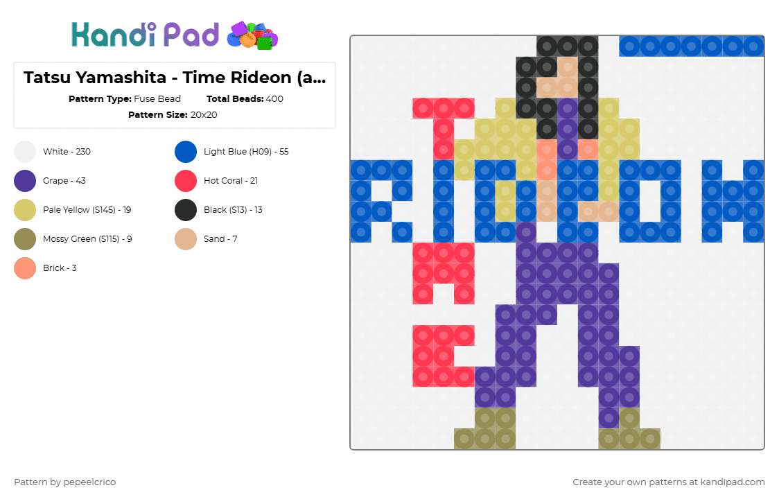 Tatsu Yamashita - Time Rideon (album cover) - Fuse Bead Pattern by pepeelcrico on Kandi Pad - blue, purple, red, white