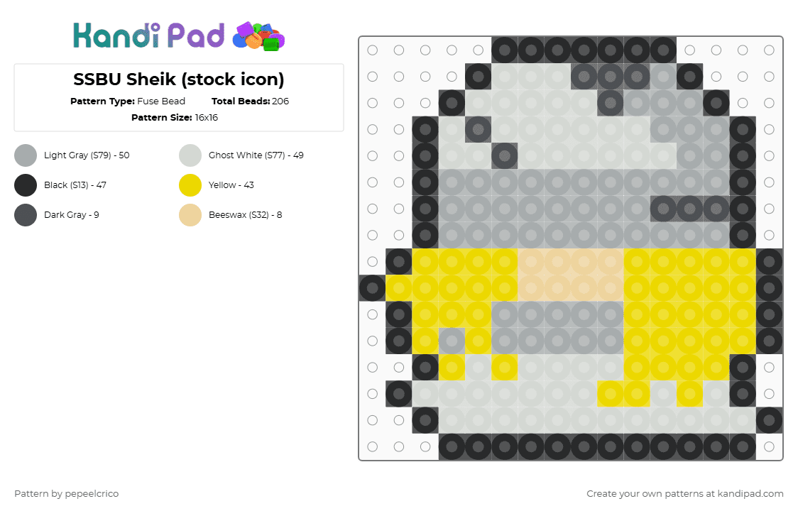 SSBU Sheik (stock icon) - Fuse Bead Pattern by pepeelcrico on Kandi Pad - gray,yellow