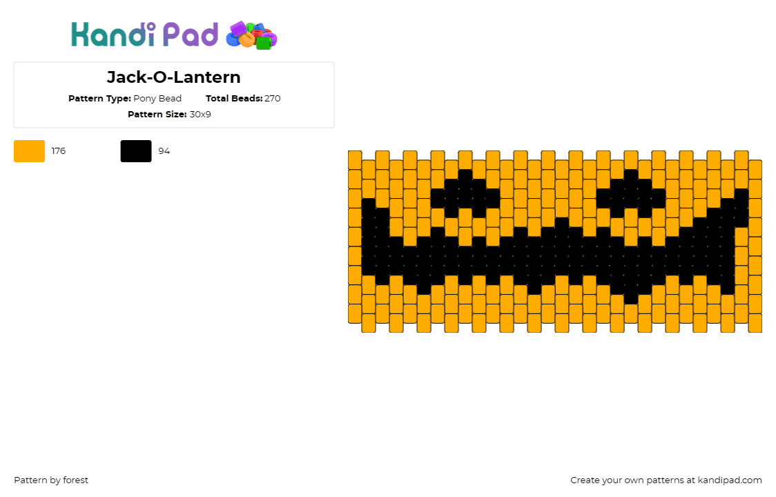 Jack-O-Lantern - Pony Bead Pattern by forest on Kandi Pad - pumpkin,halloween,cuff,jack-o-lantern,spooky,autumn,celebration,playful,festive,