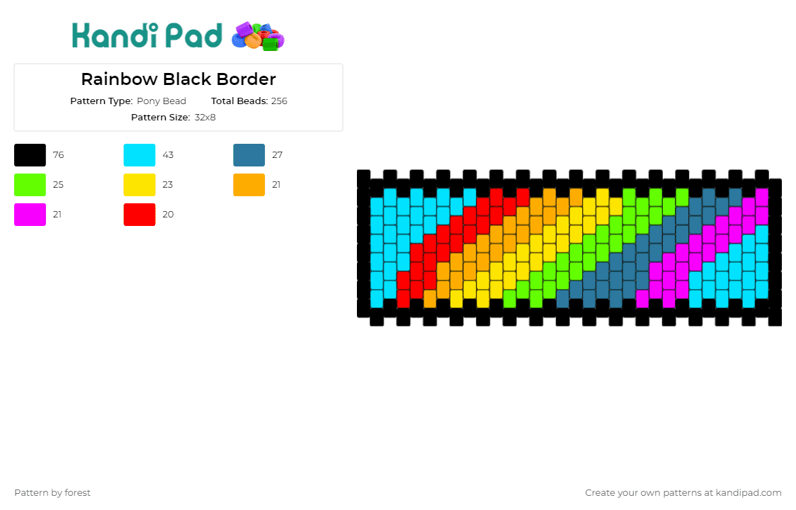 Rainbow Black Border - Pony Bead Pattern by forest on Kandi Pad - rainbow,cuff,vibrant,spectrum,colorful,striking,accessory,pop of color,cheerful,multicolored