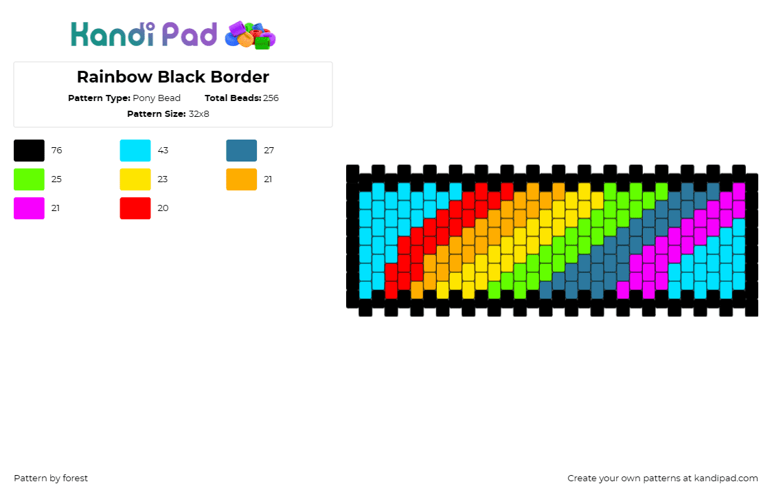 Rainbow Black Border - Pony Bead Pattern by forest on Kandi Pad - rainbow,cuff,vibrant,spectrum,colorful,striking,pop of color,cheerful,multicolor