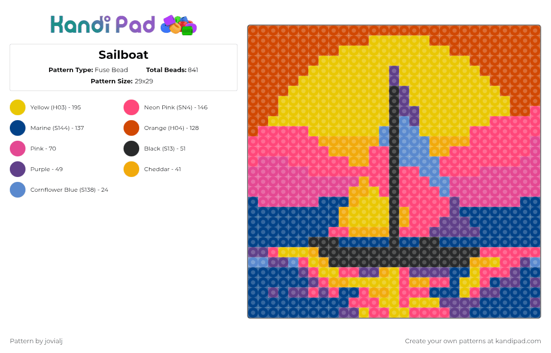 Sailboat - Fuse Bead Pattern by jovialj on Kandi Pad - red,yellow,blue