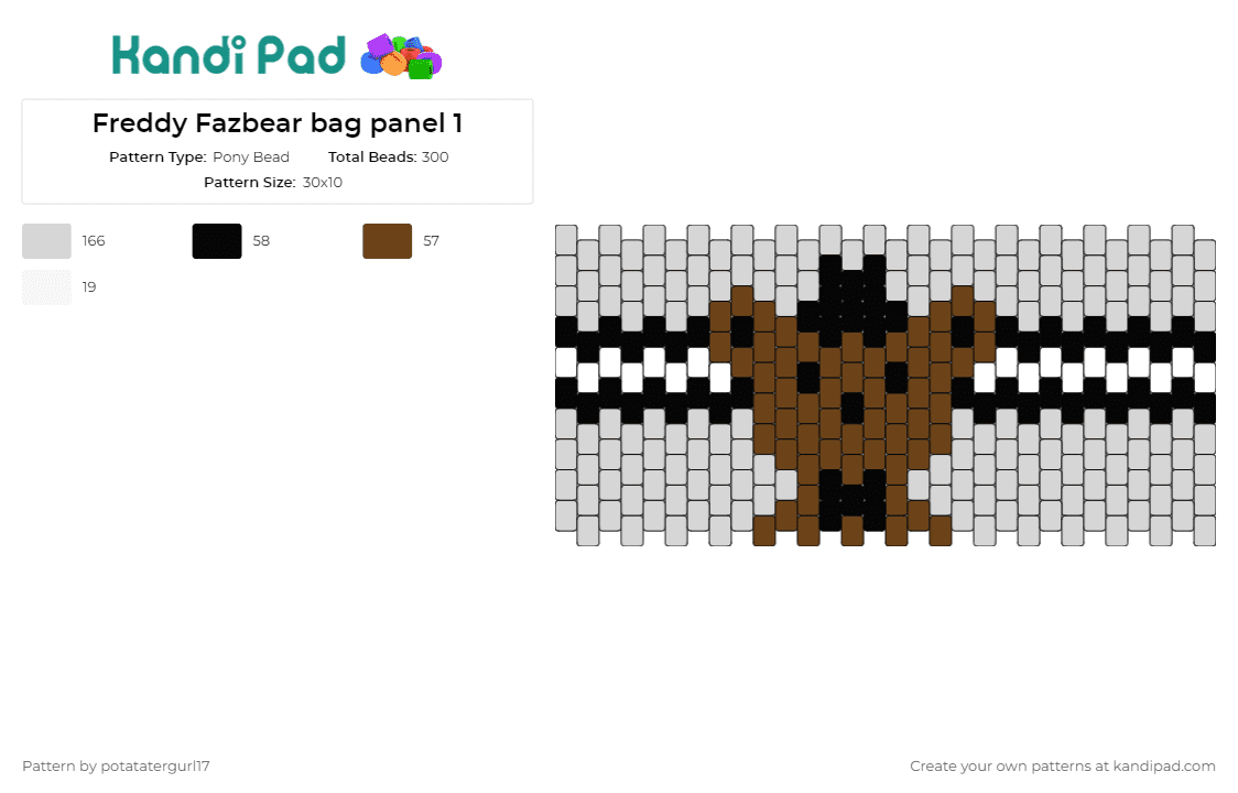 Freddy Fazbear bag panel 1 - Pony Bead Pattern by potatatergurl17 on Kandi Pad - freddy fazbear,five nights at freddys,fnaf,horror,animatronic,mascot,gaming,character,brown,white