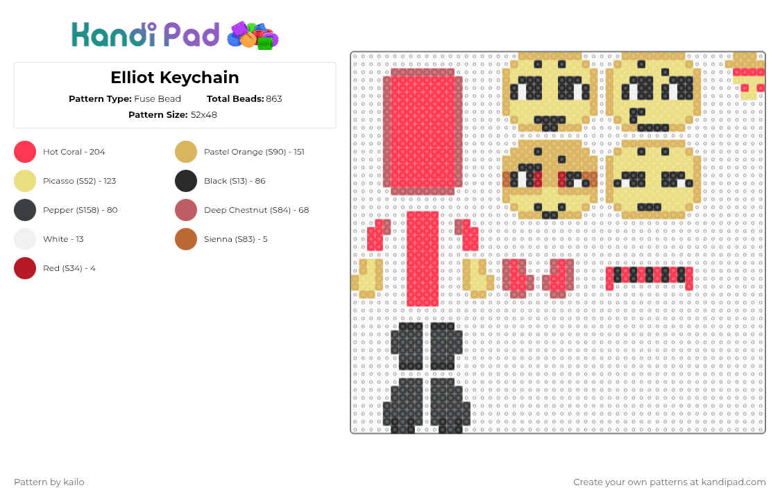 Elliot Keychain - Fuse Bead Pattern by kailo on Kandi Pad - red,orange,yellow