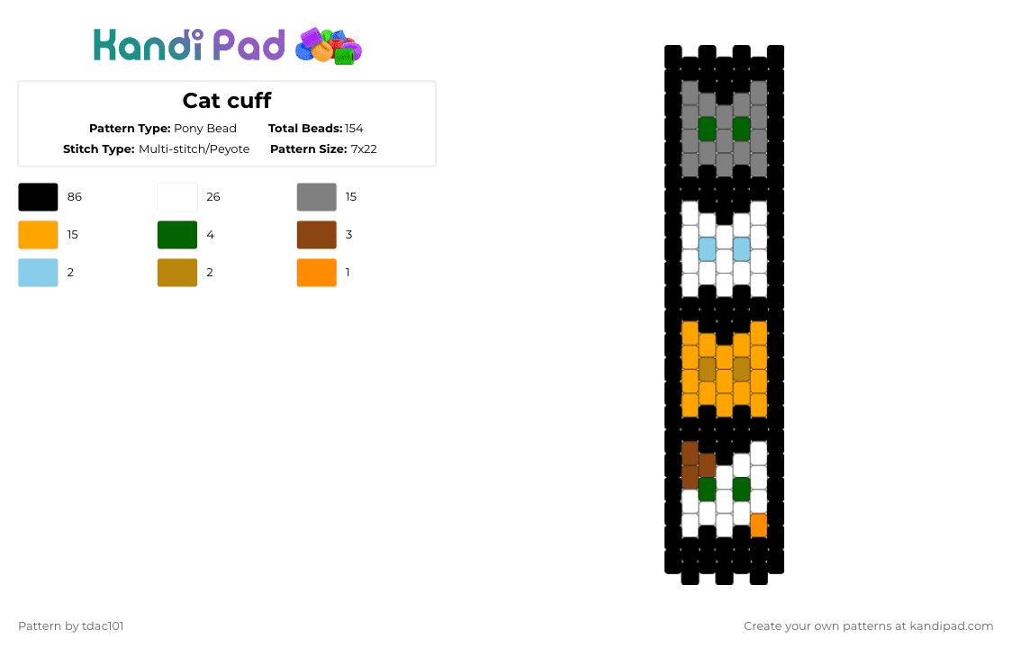 Cat cuff - Pony Bead Pattern by tdac101 on Kandi Pad - black,gray,orange