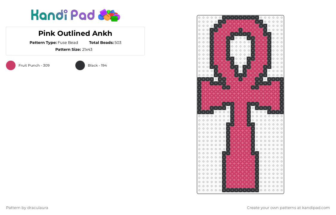 Pink Outlined Ankh - Fuse Bead Pattern by draculaura on Kandi Pad - pink,black