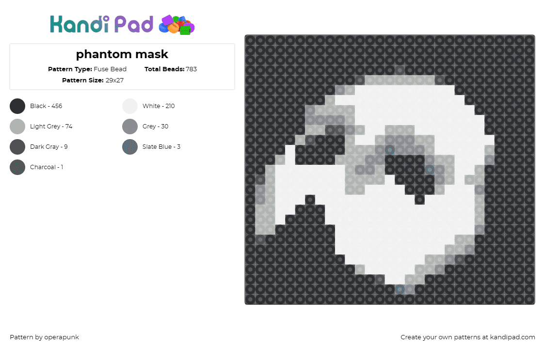 phantom mask - Fuse Bead Pattern by operapunk on Kandi Pad - phantom of the opera,mask,drama,theatrical,mysterious,symbol,classic,monochrome,