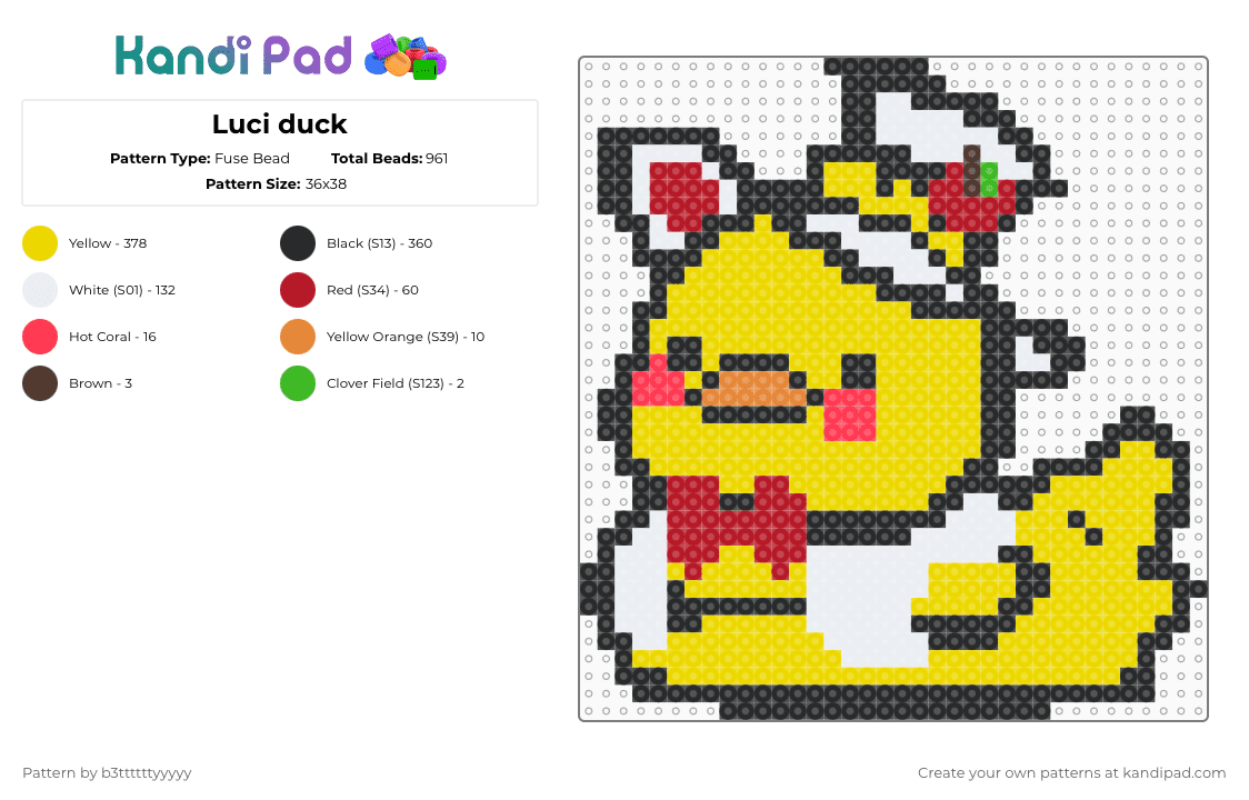 Luci duck - Fuse Bead Pattern by b3ttttttyyyyy on Kandi Pad - yellow