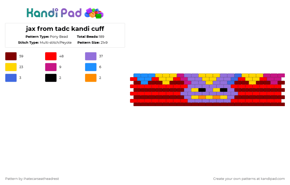 jax from tadc kandi cuff - Pony Bead Pattern by ihatecarseatheadrest on Kandi Pad - yellow,red,purple,brown,tadc,jax,kandi,the amazing digital circus