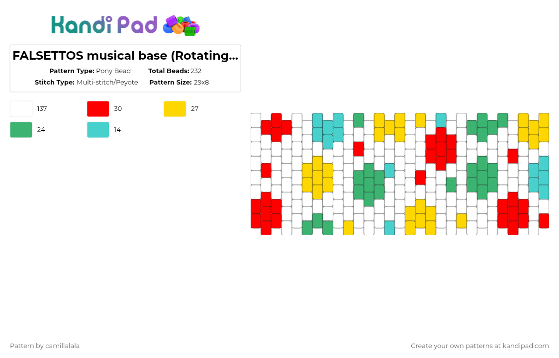 FALSETTOS musical base (Rotating cuff base) - Pony Bead Pattern by camillalala on Kandi Pad - white,red,green,yellow