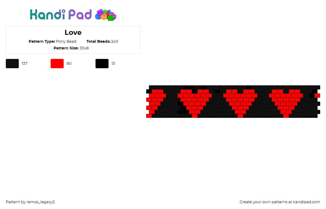 Love - Pony Bead Pattern by ramos_legacy2 on Kandi Pad - hearts,love,cuff,affection,warmth,romantic,valentine,red,black