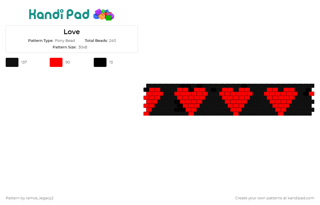 Love - Pony Bead Pattern by ramos_legacy2 on Kandi Pad - hearts,love,cuff,affection,warmth,romantic,valentine,charm,red,black