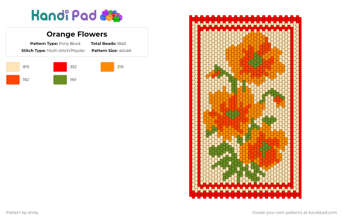 Orange Flowers - Pony Bead Pattern by shrky on Kandi Pad - red,beige
