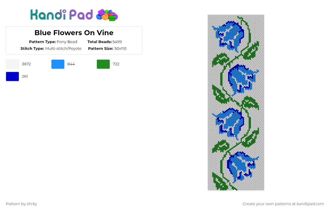 Blue Flowers On Vine - Pony Bead Pattern by shrky on Kandi Pad - white,green,light blue