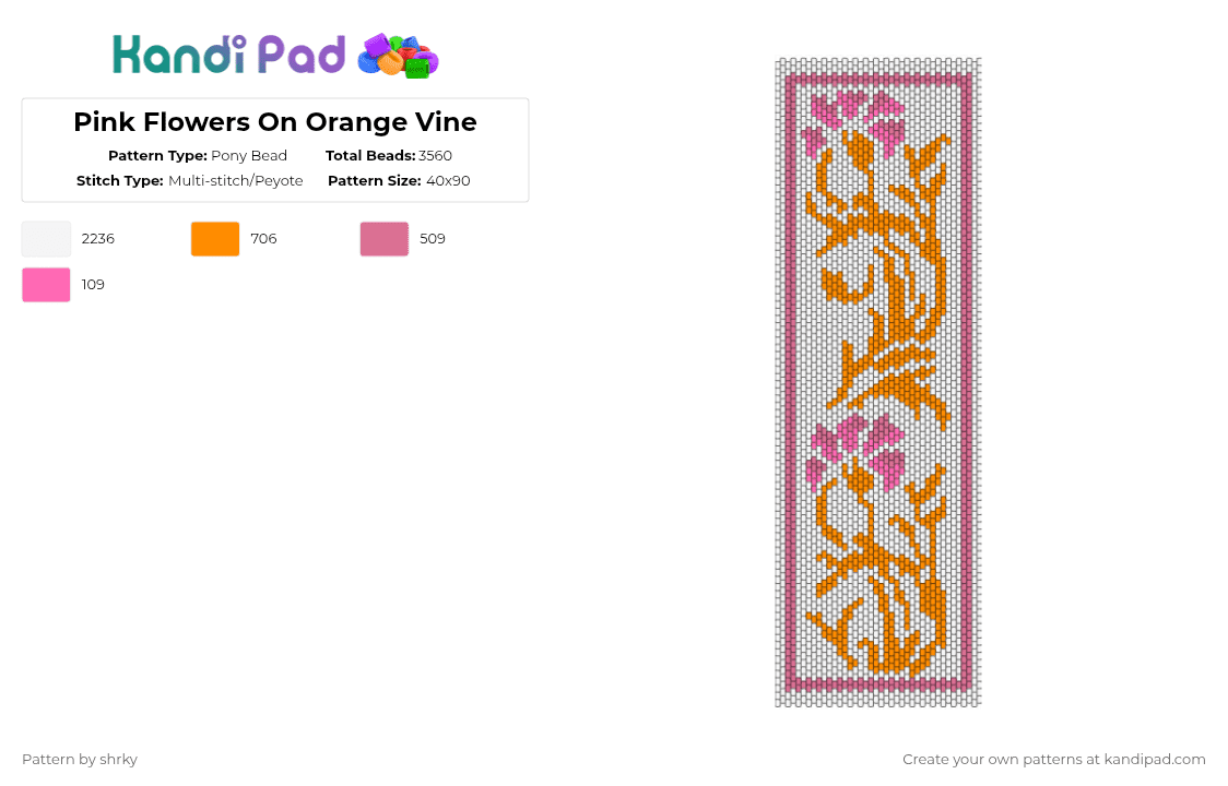 Pink Flowers On Orange Vine - Pony Bead Pattern by shrky on Kandi Pad - white,pink,orange