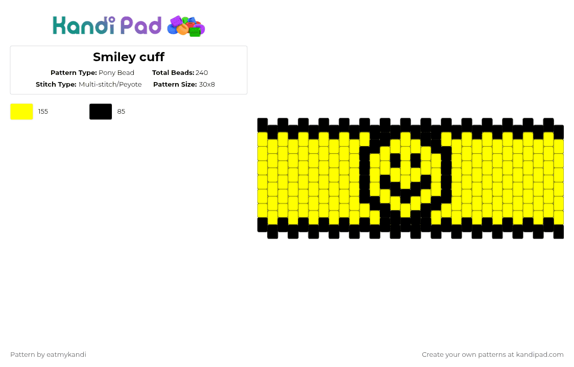 Smiley cuff - Pony Bead Pattern by eatmykandi on Kandi Pad - black,yellow,smile,simple,hhc,happyhardcore