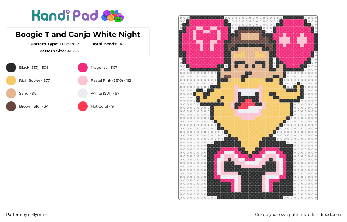 Boogie T and Ganja White Night - Fuse Bead Pattern by cellymarie on Kandi Pad - boogie t,mr wobble,gwn,ganja white night,burning,character,music,edm,dj,happy,beard,pink,black,tan