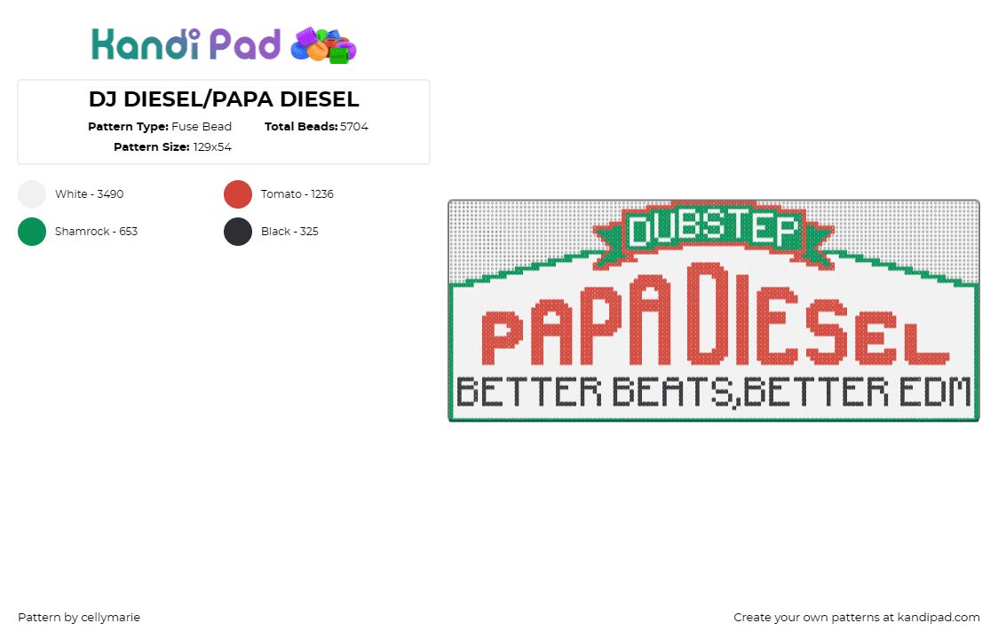 DJ DIESEL/PAPA DIESEL - Fuse Bead Pattern by cellymarie on Kandi Pad - dj diesel,shaq,music,edm,dubstep,electrifying,entertainment,scene,green,white,re