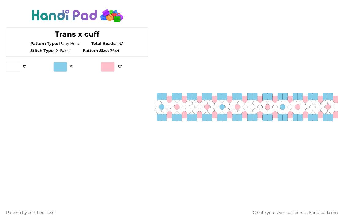 Trans x cuff - Pony Bead Pattern by certified_loser on Kandi Pad - light blue,pink,trans,x cuff