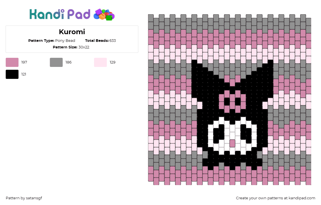 Kuromi - Pony Bead Pattern by satansgf on Kandi Pad - kuromi,sanrio,characte,panel,pink,gray