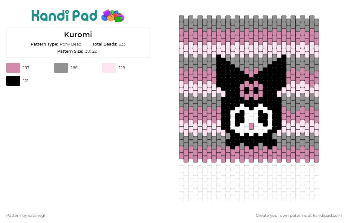 Kuromi - Pony Bead Pattern by satansgf on Kandi Pad - kuromi,sanrio,character,mischief,charm,playful,whimsical,pink,black