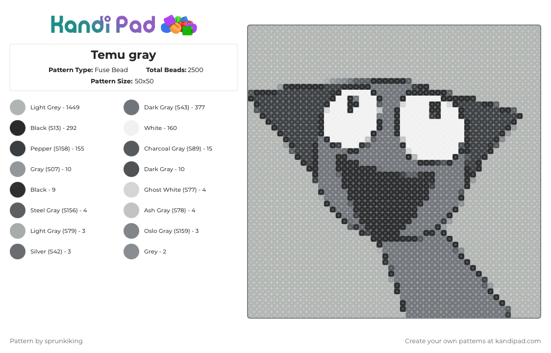 Temu gray Fuse Bead Pattern - Kandi Pad | Kandi Patterns, Fuse Bead ...