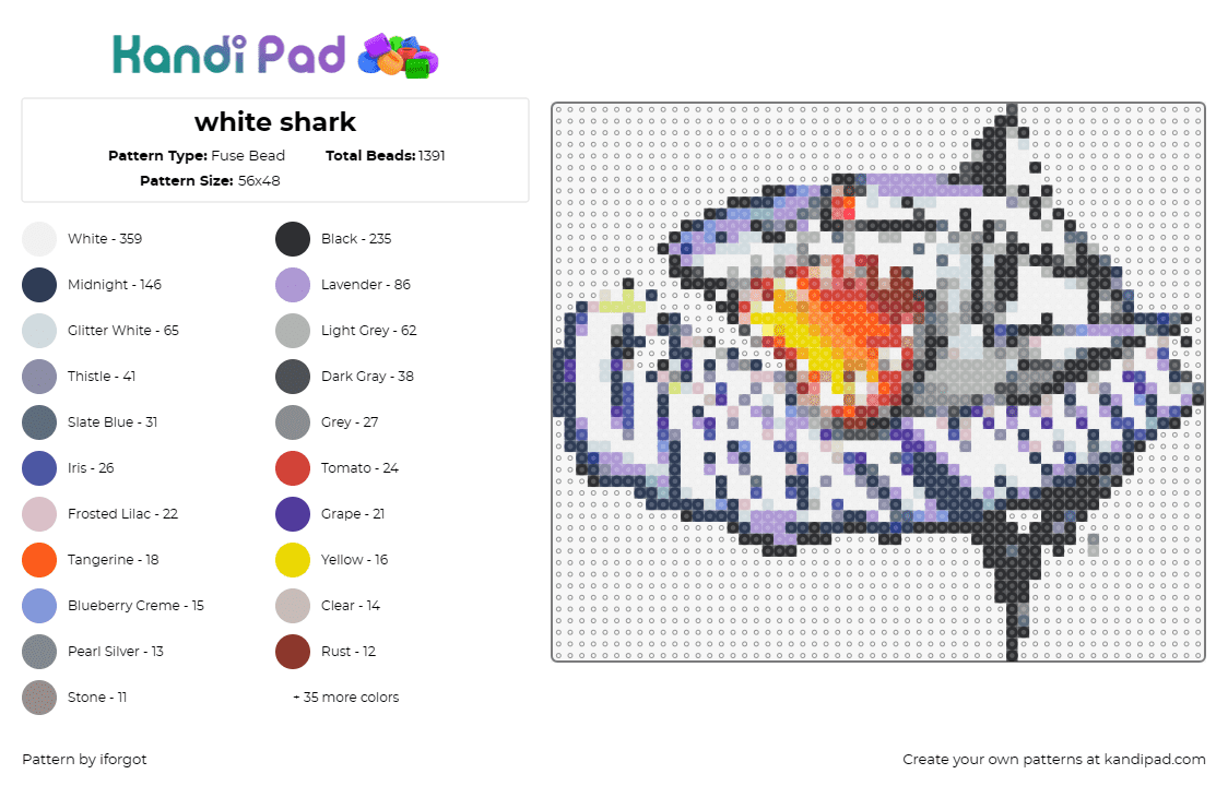 white shark - Fuse Bead Pattern by iforgot on Kandi Pad - shark,scary,animal,majestic,fearsome,ocean,apex predator,thrill,aquatic