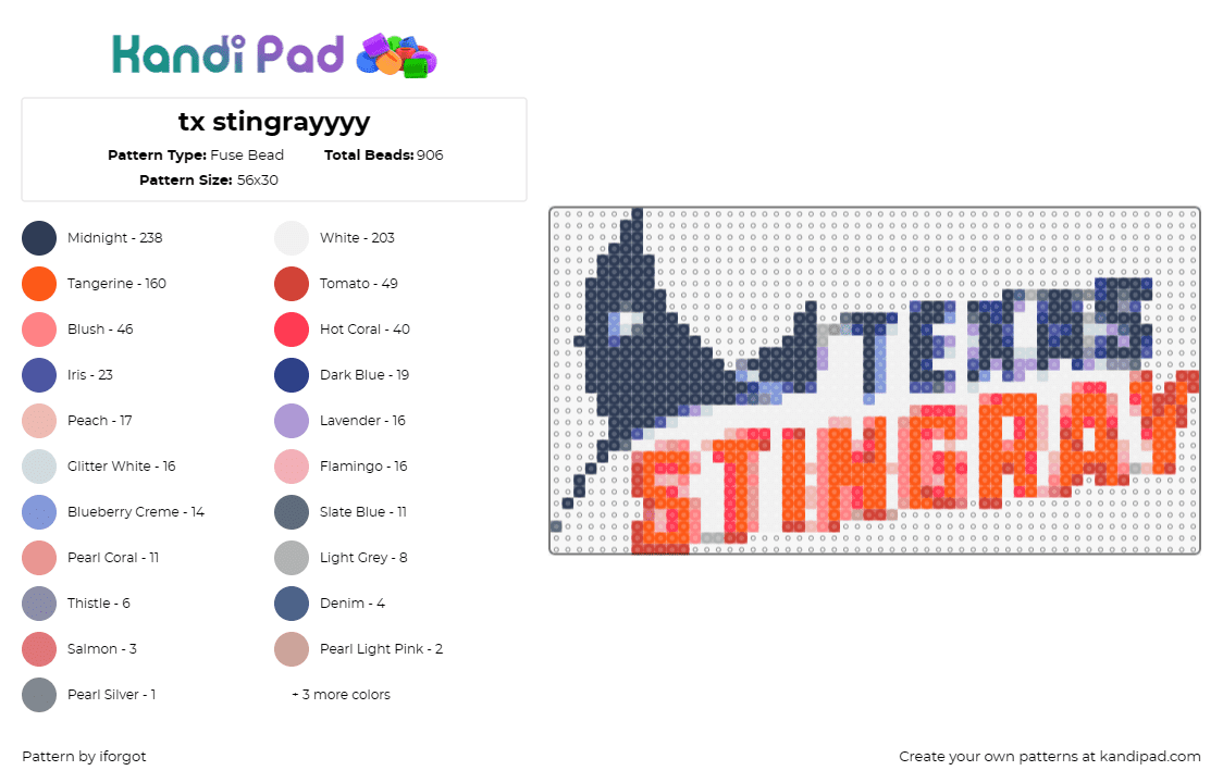 tx stingrayyyy - Fuse Bead Pattern by iforgot on Kandi Pad - stingray,texas,seaworld,roller coaster,sleek,marine life,excitement,adventure,th