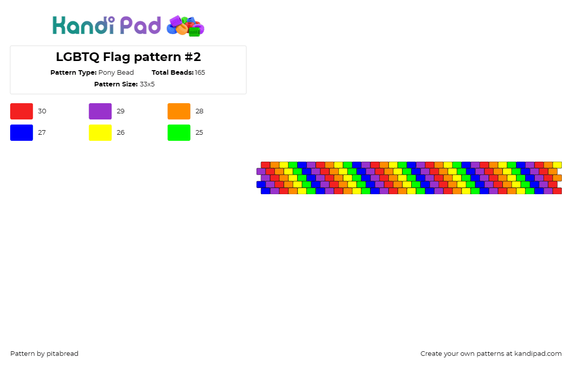 LGBTQ Flag pattern #2 - Pony Bead Pattern by pitabread on Kandi Pad - lgbtq,pride,diagonal,stripes,bracelet,rainbow,cuff,diversity,inclusion,vibrant,c