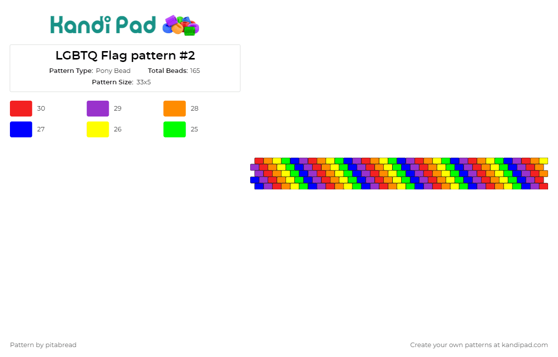 LGBTQ Flag pattern #2 - Pony Bead Pattern by pitabread on Kandi Pad - lgbtq,pride,diagonal,stripes,bracelet,rainbow,cuff,diversity,inclusion,vibrant,celebration