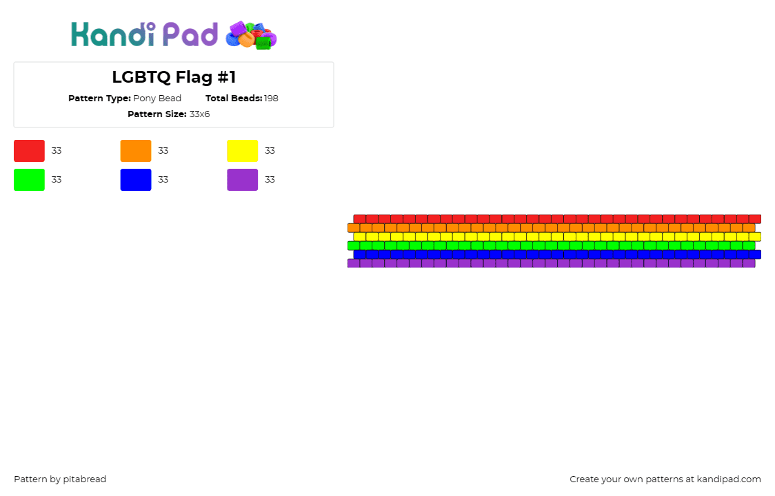 LGBTQ Flag #1 - Pony Bead Pattern by pitabread on Kandi Pad - gay,pride,rainbow,cuff,diversity,love,unity,acceptance,symbol,bracelet