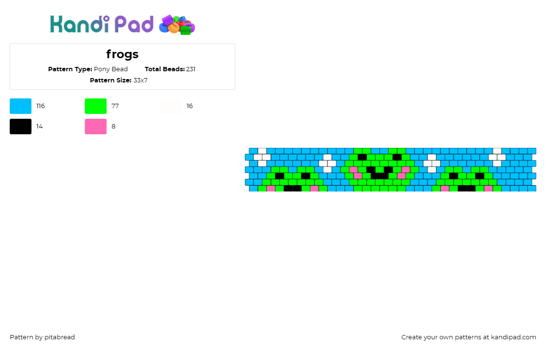 frogs - Pony Bead Pattern by pitabread on Kandi Pad - frogs,animals,cute,cuff,playful,adventures,amphibian,splash,green,blue