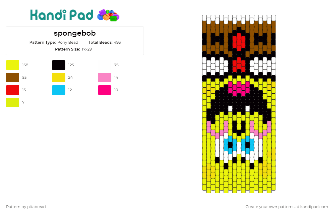 spongebob - Pony Bead Pattern by pitabread on Kandi Pad - spongebob squarepants,nickelodeon,cartoon,tv show,yellow,square,goofy,grin,buck teeth,cuff,bracelet,fun