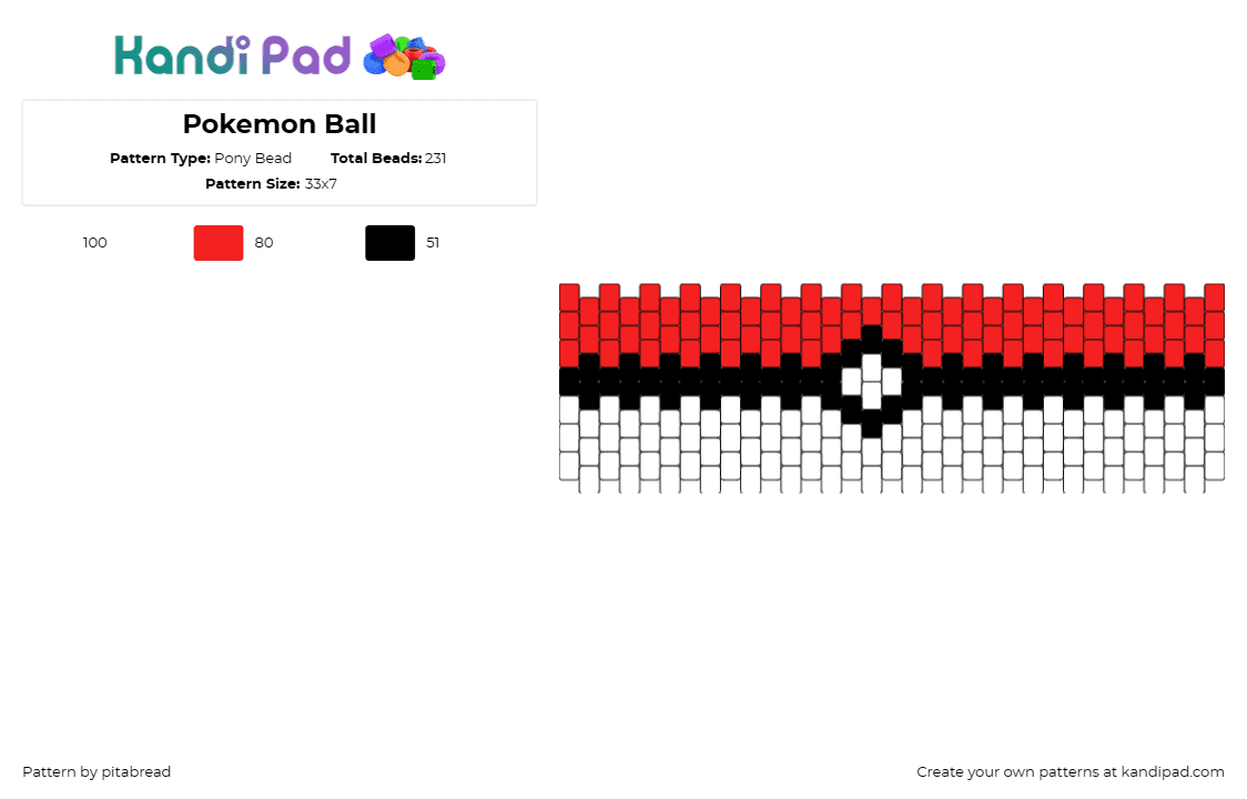 Pokemon Ball - Pony Bead Pattern by pitabread on Kandi Pad - pokeball,pokemon,cuff,gaming,red,white