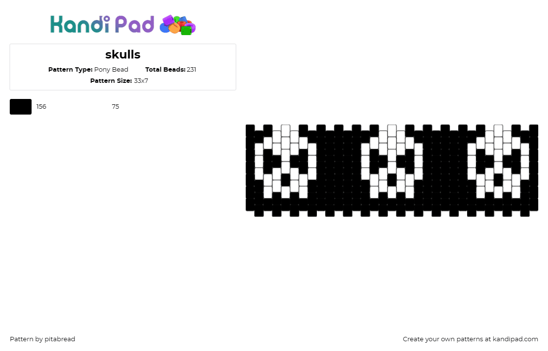 skulls - Pony Bead Pattern by pitabread on Kandi Pad - skulls,skeleton,spooky,halloween,cuff,white,black