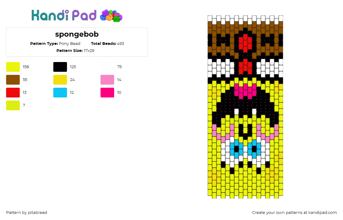 spongebob - Pony Bead Pattern by pitabread on Kandi Pad - spongebob squarepants,nickelodeon,cartoon,tv show,yellow,square,goofy,grin,buck 