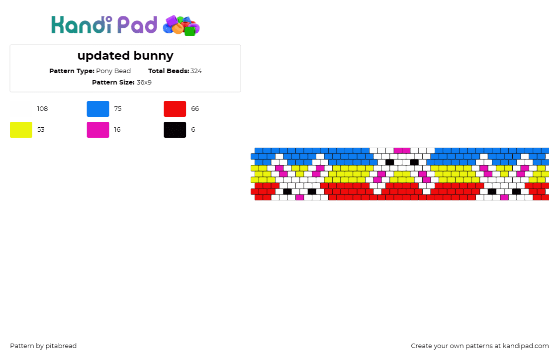 updated bunny - Pony Bead Pattern by pitabread on Kandi Pad - bunny,rabbit,cute,colorful,animal,cuff,playful,splash,cheer,red,blue